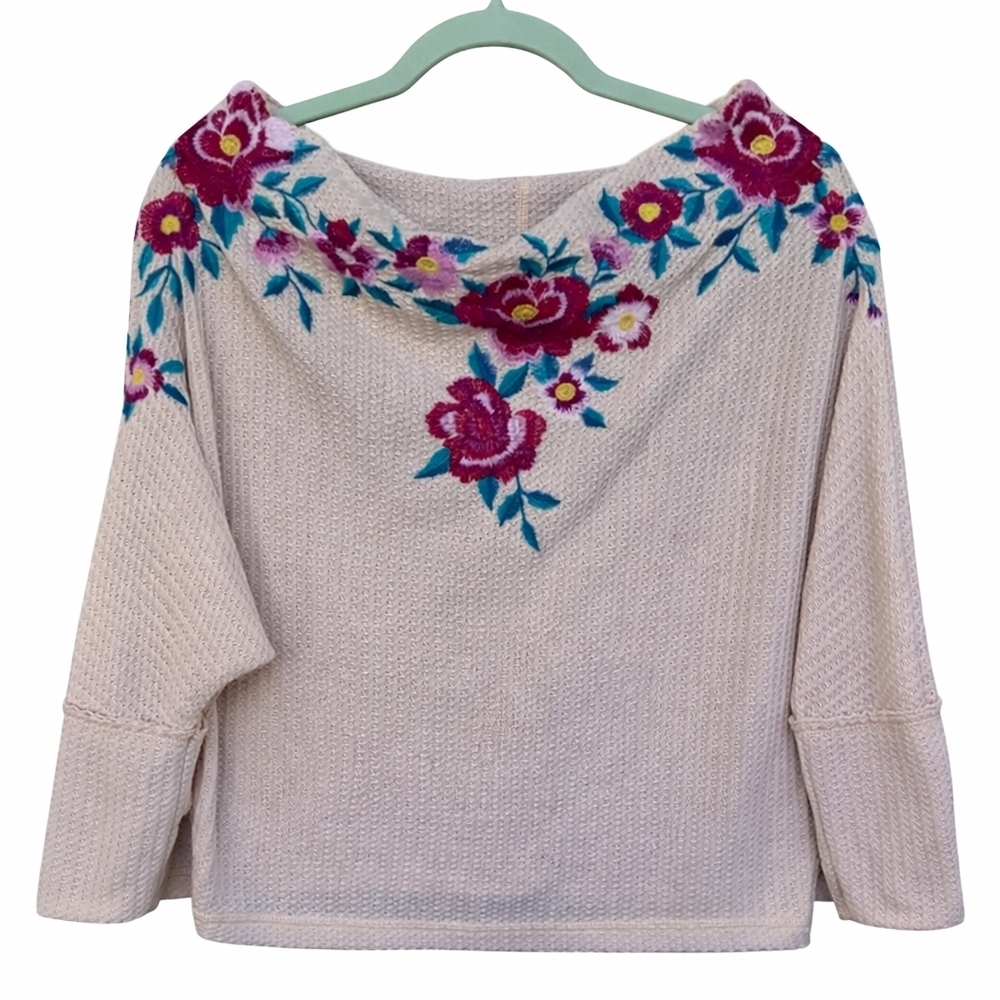Umgee Floral Embroidered Waffle Knit Boho Top Medium Off The Shoulder Western